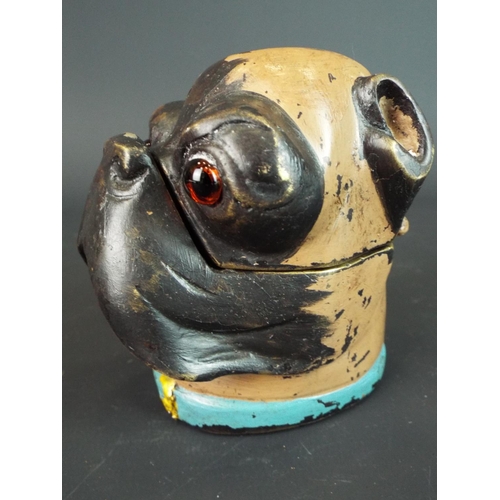 114 - Bronze cold painted inkwell as a pug dog. Glass eyes, hinged lid. Bears the mark 'Berg' to rear of c... 