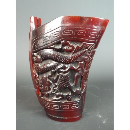 116 - Beautifully Carved Chinese Horn Dan Qing Inkpot depicting dragons. 4 inches tall.