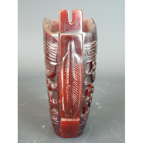 116 - Beautifully Carved Chinese Horn Dan Qing Inkpot depicting dragons. 4 inches tall.