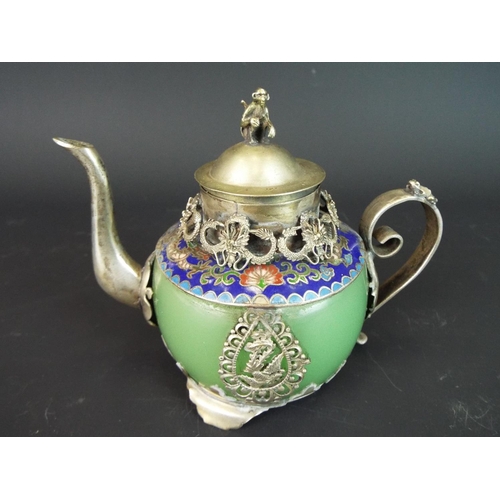 119 - Small Chinese Teapot in white metal with Jadeite bowl. Cloisonne ring to top showing dragons  Frogs,... 