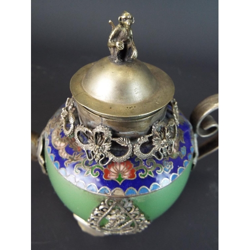 119 - Small Chinese Teapot in white metal with Jadeite bowl. Cloisonne ring to top showing dragons  Frogs,... 