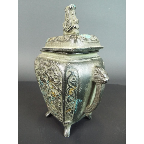 120 - Bronze twin handled and lidded temple jar with pierced lid. Decorated with Dragons & flowers  5.5 in... 