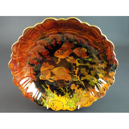 13 - Old Foley Lustreware dish depicting Ornamental gold fish. 10 inches in diameter.