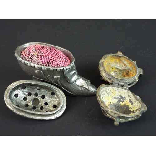 132 - Pewter pomander plus a white metal snuffbox as a bird on a nest. Hinged lid.