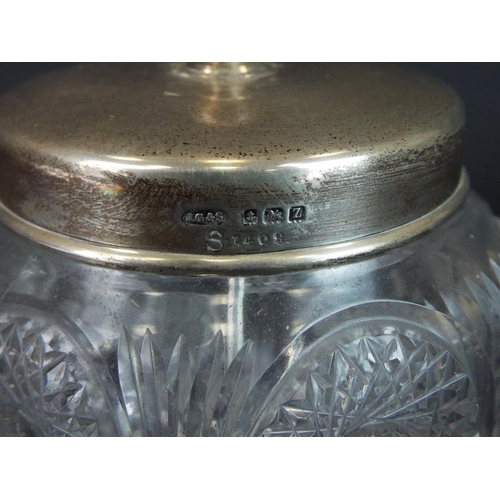 136 - Cut glass preserve jar with silver lid and silver paddle shaped spoon . Birmingham 1924 john Grinsel... 