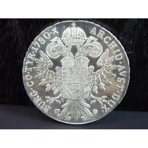 169 - Silver Marie Theresa Thaler coin restrike. 42mm dia  28g