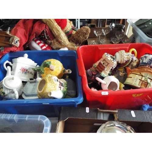 1109 - Two boxes of assorted decorative teapots, jugs etc. see photo