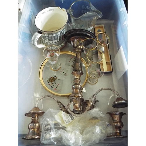 1110 - Mixed box of Glassware, ceramics and a silver plate candlestick.