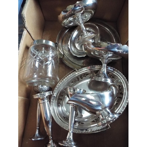 1111 - Quantity of Silver plate to include an EPNS & Glass vintage biscuit barrel.