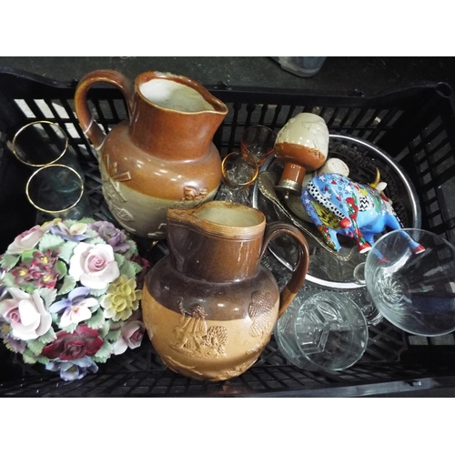 1115 - Box of assorted ceramics and glass ware to include Royal Doulton Jugs, See photos