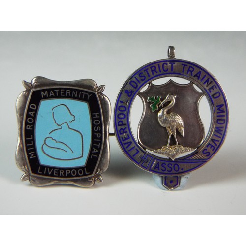 57 - Selection of Maternity and Midwife badges, Liverpool Hospital. Two hallmarked Silver. See photos