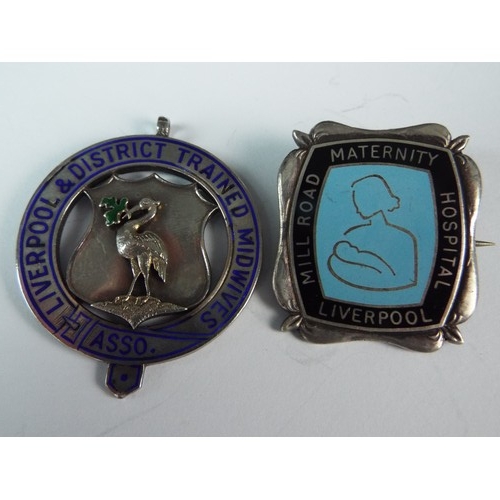 57 - Selection of Maternity and Midwife badges, Liverpool Hospital. Two hallmarked Silver. See photos