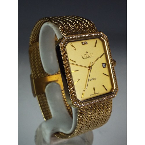 103 - Eden Gents quartz dress watch with Yellow metal mesh strap, Date window, stone encrusted bezel. Boxe... 