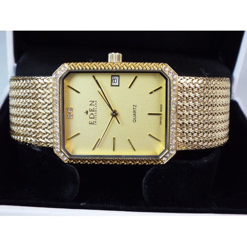 103 - Eden Gents quartz dress watch with Yellow metal mesh strap, Date window, stone encrusted bezel. Boxe... 