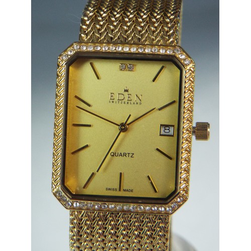 103 - Eden Gents quartz dress watch with Yellow metal mesh strap, Date window, stone encrusted bezel. Boxe... 