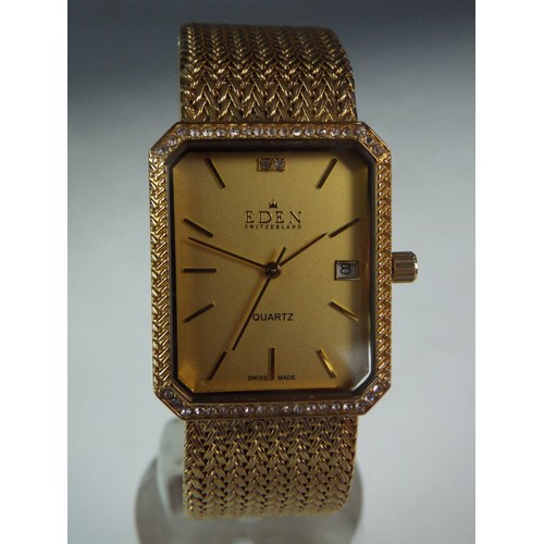 103 - Eden Gents quartz dress watch with Yellow metal mesh strap, Date window, stone encrusted bezel. Boxe... 