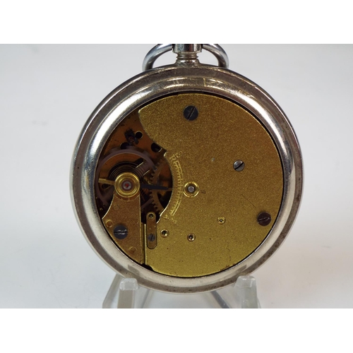 228 - Chrome cased Military style pocket watch, Yellow chipped face but in working order.