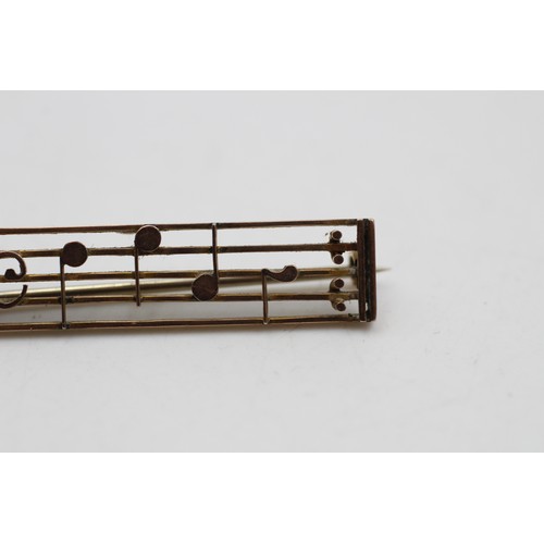258 - 9ct Gold Vintage Musical Notes Bar Brooch (3.1g)     9186