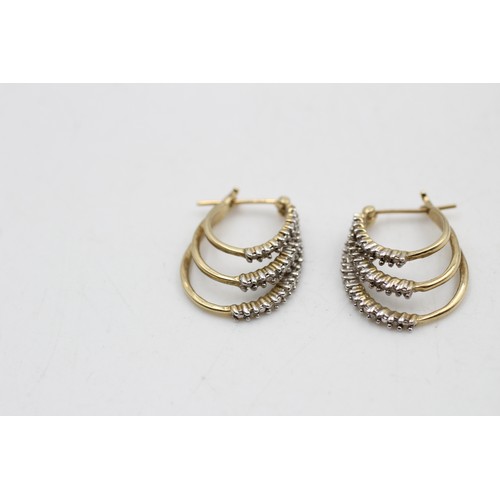 279 - 9ct Gold Vintage Diamond Triple Hoop Latch Back Earrings (4.1g)     5396