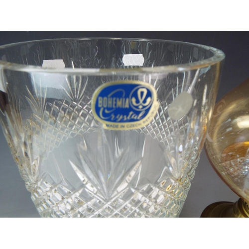 38 - Large Bohemian Lead crystal vase together with a reproduction hand lantern with shade. Both approx 1... 