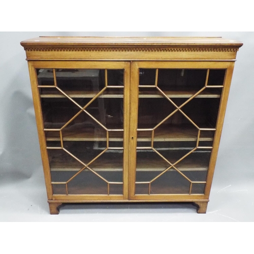 58 - Hansome 1940's glass fronted bookshelf or display cabinet, Dentil moulding to top raised on bracket ... 