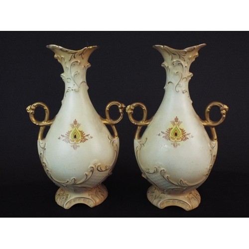 32 - Pair of Edwardian Blushware transfer printed vases. 12 inches tall, free from damage save for a smal... 