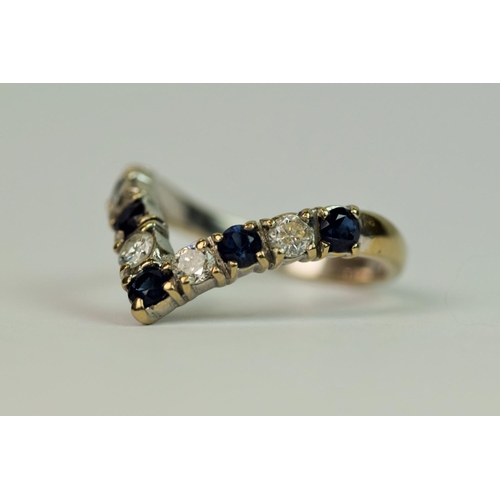 305 - 18ct White Gold Diamond and Sapphire set wishbone shaped ring. Finger size 'M-5'  3.2g