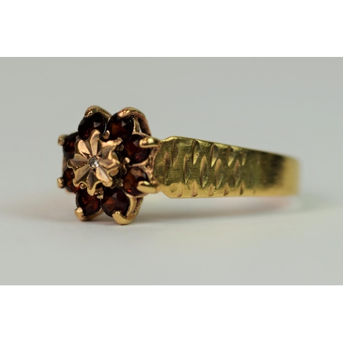 306 - 9ct Yellow Gold Ring set with Central Diamond and Garnet surround.  Finger size 'U'   3.3g