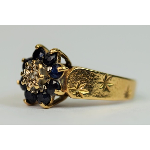 320 - 9ct Yellow Gold Ring set with Diamond and Sapphire..  Finger size 'M'   3.5g