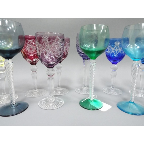 198 - A Large selection of bohemian crystal glasses 9 are coloured cut to clear 5 are twisted stem.