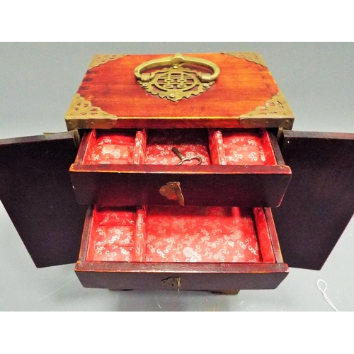 275 - A Beautiful chinese musical jewellery box with carved jade panels and brass bindings.