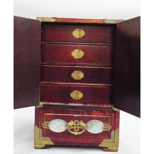 275 - A Beautiful chinese musical jewellery box with carved jade panels and brass bindings.