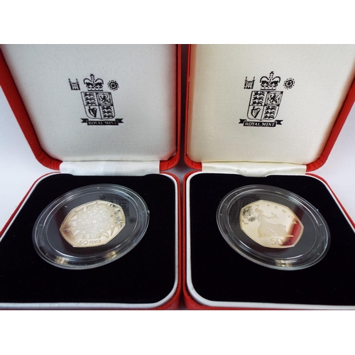 121 - Two Royal Mint 1997 / 1998 Silver Proof Piedfort 50 pence Coins cased with COA  (S77)  See photos