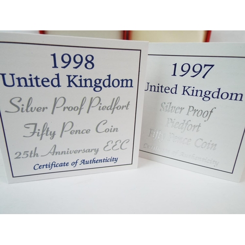 121 - Two Royal Mint 1997 / 1998 Silver Proof Piedfort 50 pence Coins cased with COA  (S77)  See photos