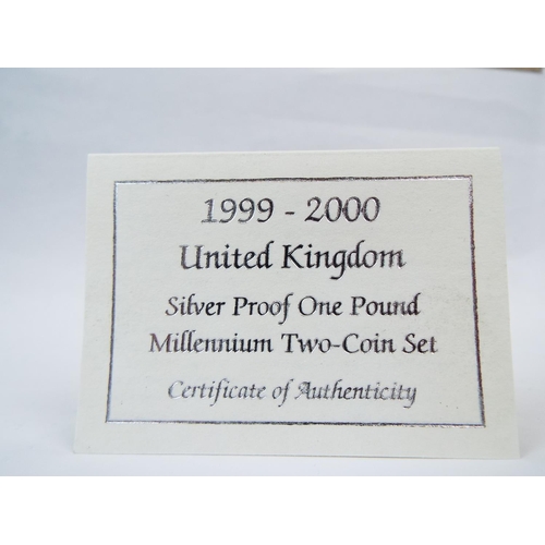 123 - Royal Mint Silver proof Millienium 2000 One Pound, Two Coin set. Cased with COA (S82)   See photos.