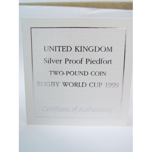 124 - Two Royal Mint Piedfort, Silver Proof Two Pound Coins,  1996 Celebration of Football, 1999 Rugby Wor... 