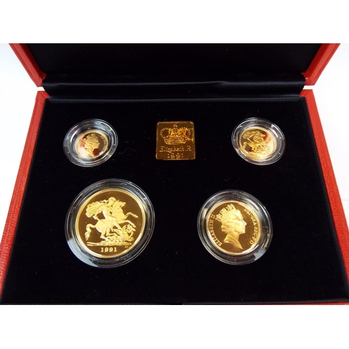 128 - Royal Mint 1991 22ct Gold UK Proof Four Coin Sovereign cased set with COA Comprising of Five Pound C... 