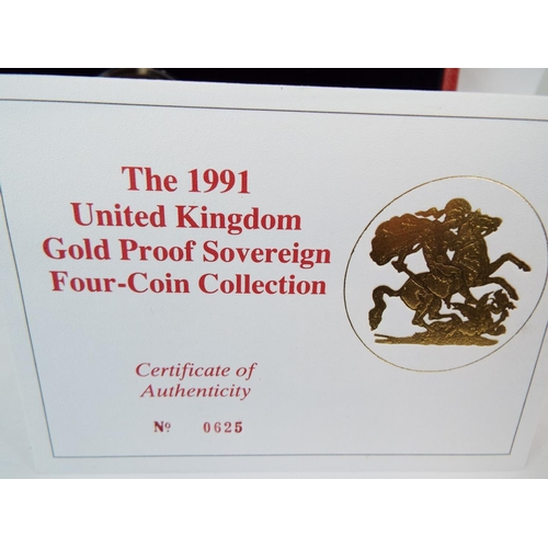 128 - Royal Mint 1991 22ct Gold UK Proof Four Coin Sovereign cased set with COA Comprising of Five Pound C... 