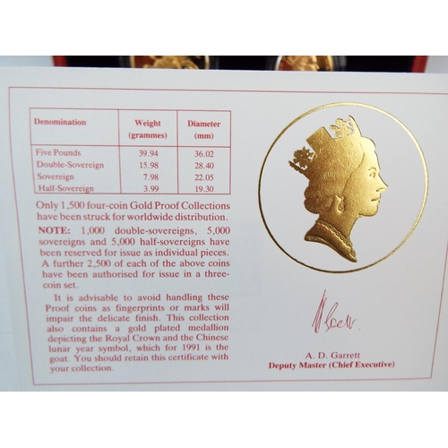 128 - Royal Mint 1991 22ct Gold UK Proof Four Coin Sovereign cased set with COA Comprising of Five Pound C... 