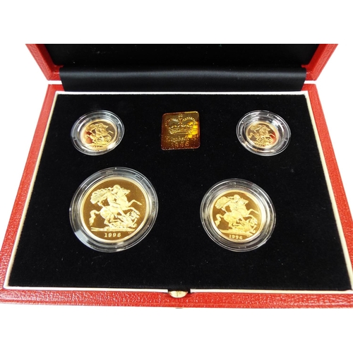 129 - Royal Mint 1996 22ct Gold UK Proof Four Coin Sovereign cased set with COA Comprising of Five Pound C... 