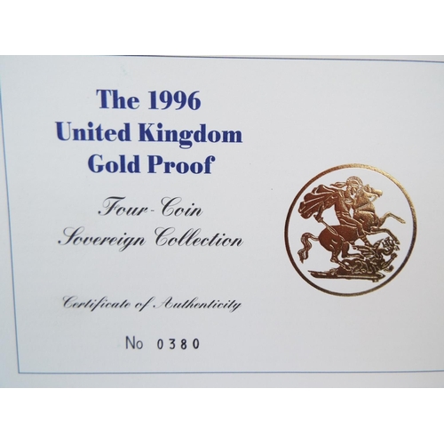129 - Royal Mint 1996 22ct Gold UK Proof Four Coin Sovereign cased set with COA Comprising of Five Pound C... 