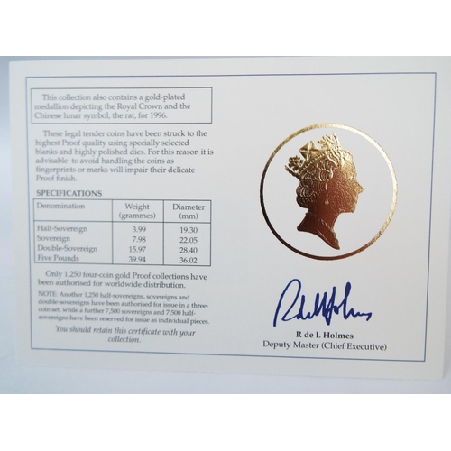 129 - Royal Mint 1996 22ct Gold UK Proof Four Coin Sovereign cased set with COA Comprising of Five Pound C... 