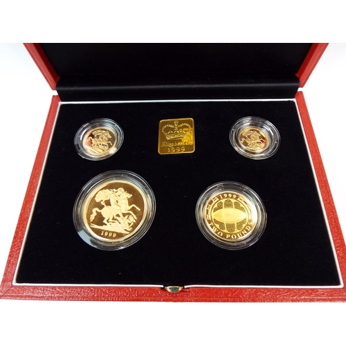130 - Royal Mint 1999 22ct Gold UK Proof Four Coin Sovereign cased set with COA Comprising of Five Pound C... 