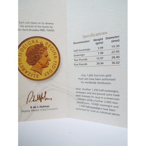 130 - Royal Mint 1999 22ct Gold UK Proof Four Coin Sovereign cased set with COA Comprising of Five Pound C... 