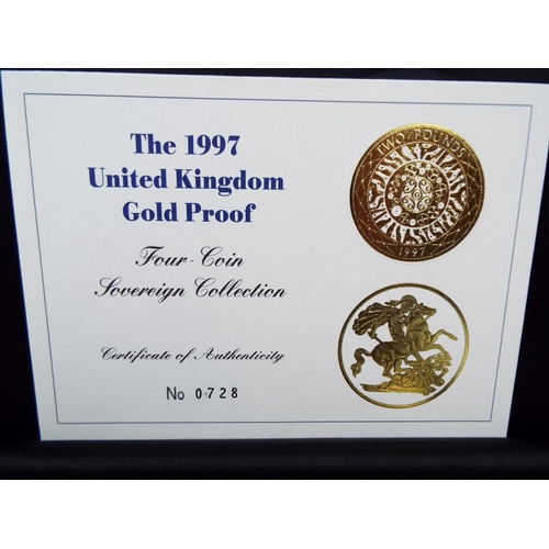 131 - Royal Mint 1997 22ct Gold UK Proof Four Coin Sovereign cased set with COA Comprising of Five Pound C... 