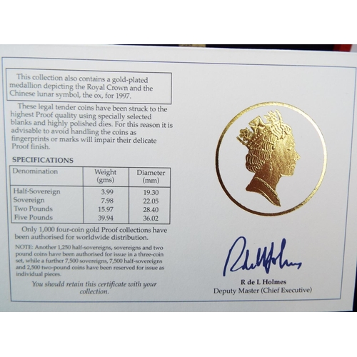 131 - Royal Mint 1997 22ct Gold UK Proof Four Coin Sovereign cased set with COA Comprising of Five Pound C... 