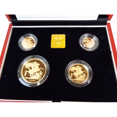 132 - Royal Mint 1998 22ct Gold UK Proof Four Coin Sovereign cased set with COA Comprising of Five Pound C... 
