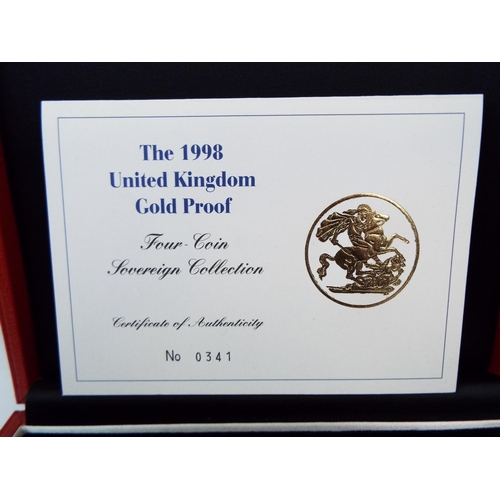 132 - Royal Mint 1998 22ct Gold UK Proof Four Coin Sovereign cased set with COA Comprising of Five Pound C... 
