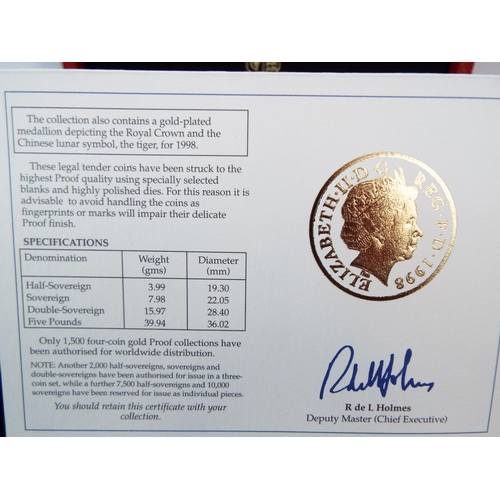 132 - Royal Mint 1998 22ct Gold UK Proof Four Coin Sovereign cased set with COA Comprising of Five Pound C... 