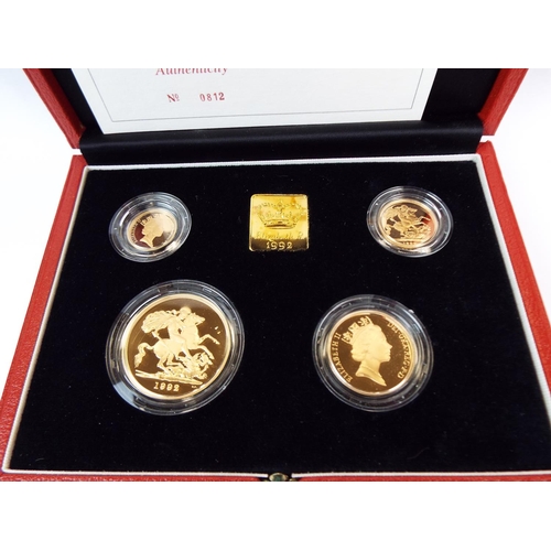 133 - Royal Mint 1992 22ct Gold UK Proof Four Coin Sovereign cased set with COA Comprising of Five Pound C... 